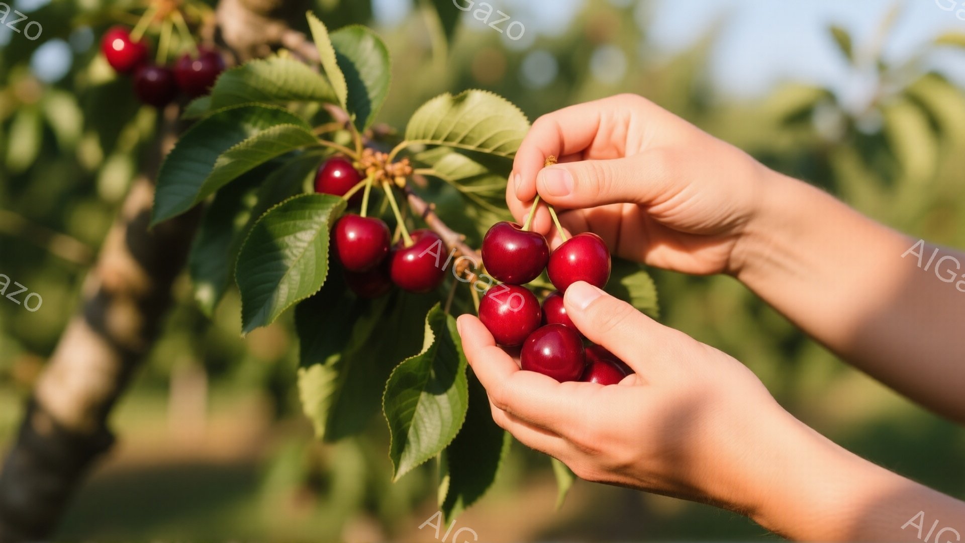 鮮やかな赤いチェリーが、緑の葉と共に手のひらの中に収まっている様子が写っている。手はやや日焼けしており、チェリーを摘み取った直後の、自然なポーズをとっている。背景にはぼやけた緑の木々が見え、晴れた日の穏やかな雰囲気が漂っている。