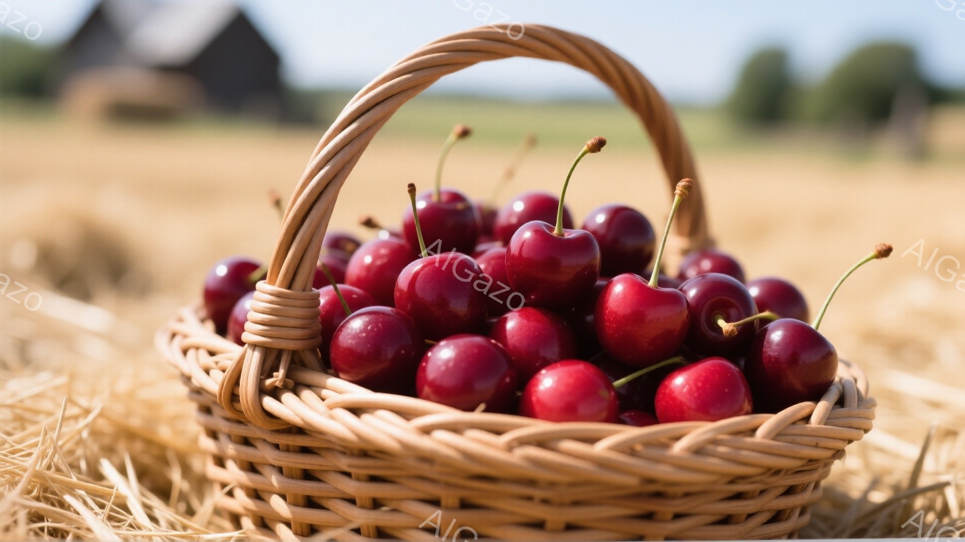 籠にたっぷりと赤く熟したサクランボが盛られています。背景には、刈り取られた小麦畑が広がり、遠くには農家の建物が見えます。全体的に暖かく、豊かな秋の収穫を思わせる雰囲気です。