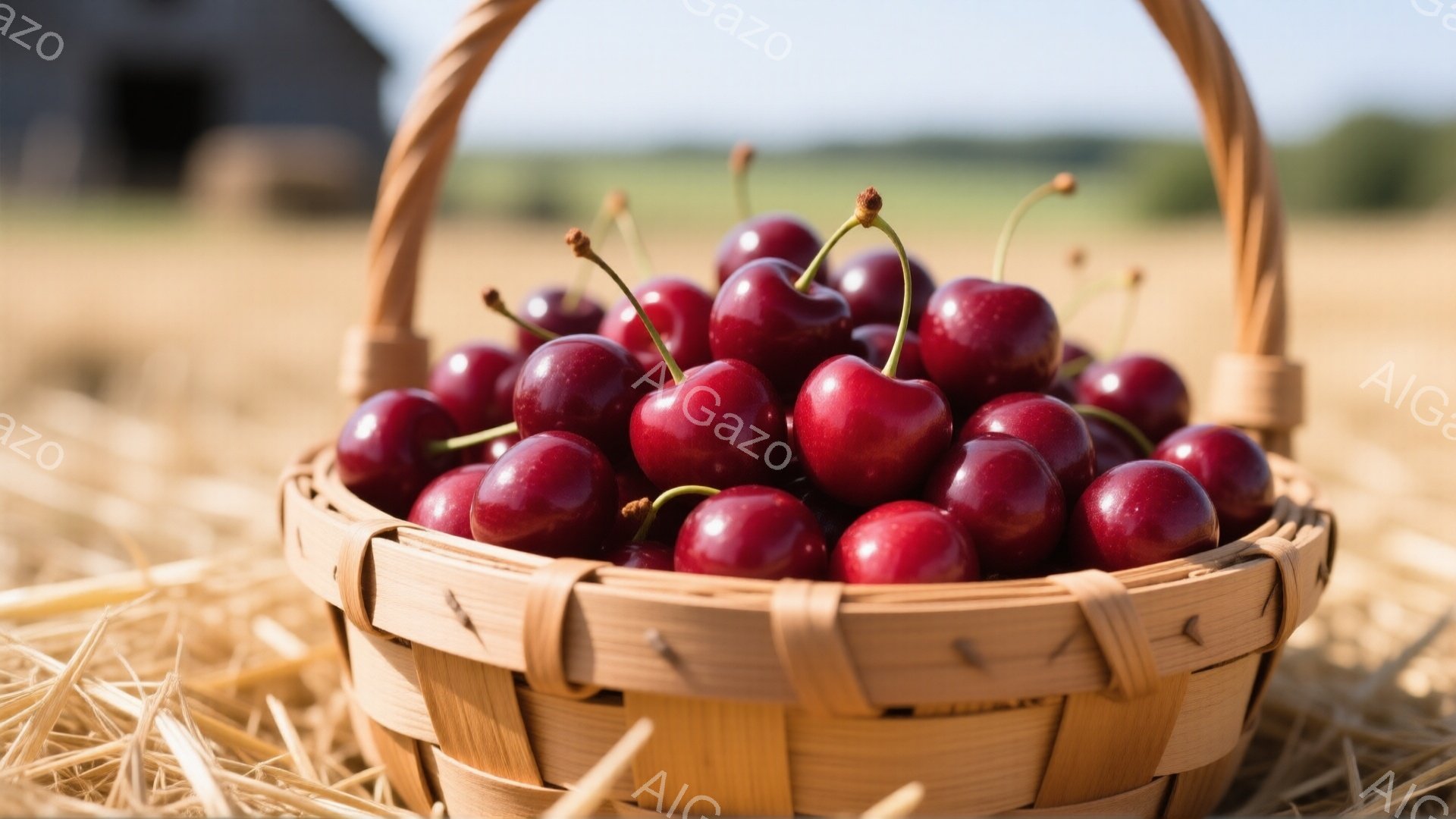 籠の中に真っ赤なサクランボがたっぷり詰まっています。籠は素朴な編み込みで、周囲には藁が敷き詰められています。背景には、ぼやけた農家のような建物と、黄金色の麦畑が広がり、収穫の秋を感じさせる穏やかな雰囲気です。