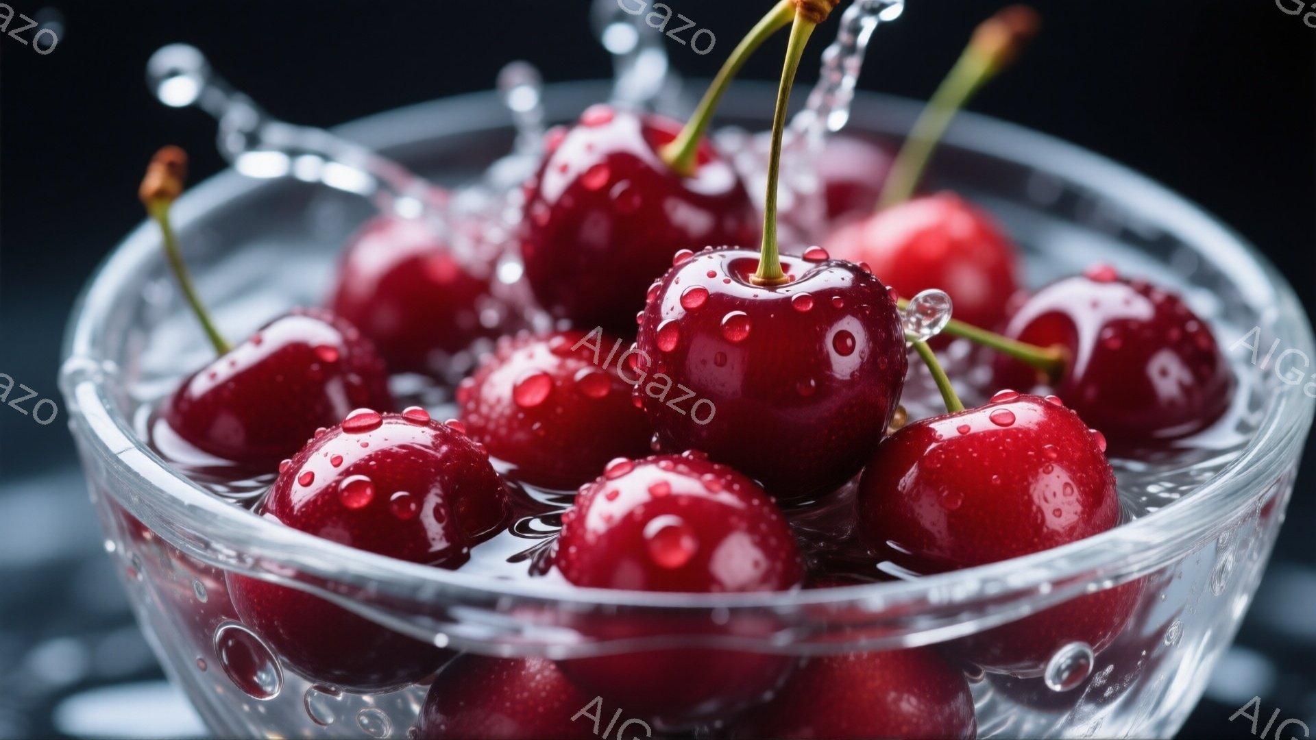 深い赤色のサクランボが透明なボウルの中で水しぶきをあげています。果実はみずみずしく、光沢があり、水滴が表面に付着して、より一層美味しさを引き立てています。背景は暗く、サクランボの鮮やかな色彩が際立っています。
