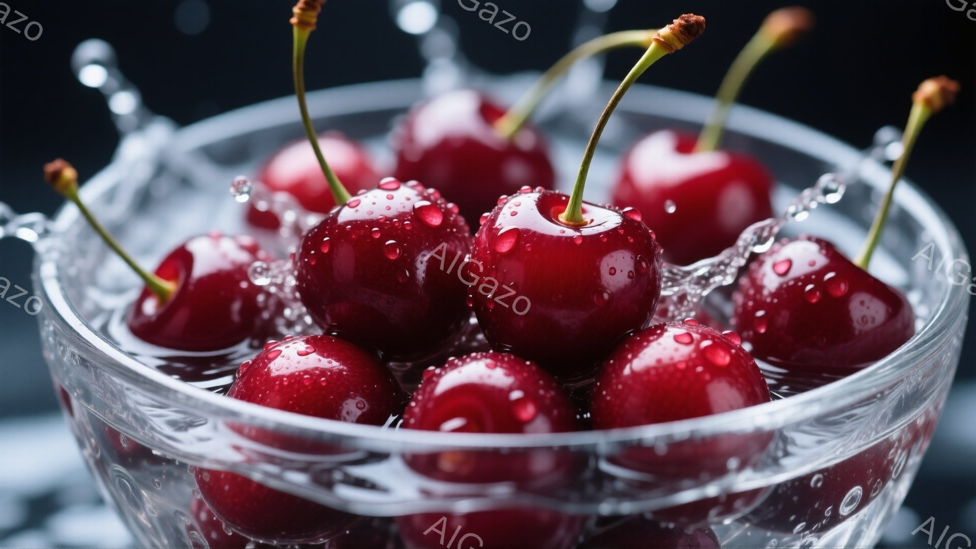 深紅色のサクランボが透明なボウルの中で水しぶきを上げている様子が捉えられています。果実はみずみずしく、光沢があり、まるで宝石のように輝いています。背景は暗く、水しぶきとサクランボの鮮やかな赤色が際立っています。