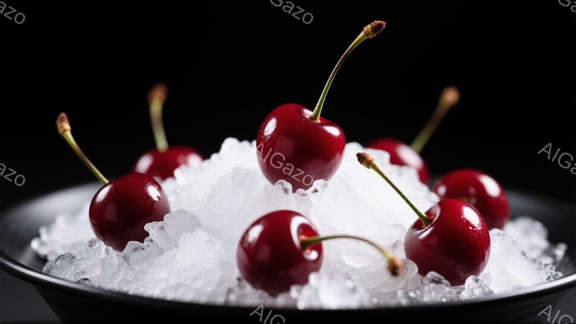 深い赤色のさくらんぼが、砕いた氷の上に置かれた写真です。背景は真っ暗で、さくらんぼの鮮やかな色が際立っています。氷の輝きとさくらんぼのつややかな質感が、涼しげで食欲をそそる雰囲気を醸し出しています。