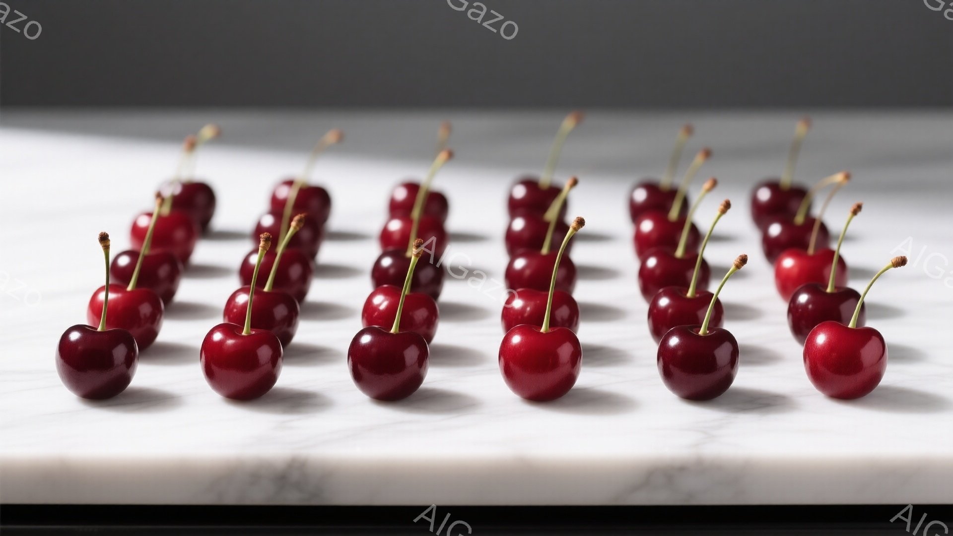 鮮やかな赤いさくらんぼが、白い大理石のような台の上に一列に並んでいます。それぞれのさくらんぼは光沢があり、瑞々しく、短い茎が付いています。背景はぼやけており、さくらんぼが中心に視線を集めるシンプルな構成です。