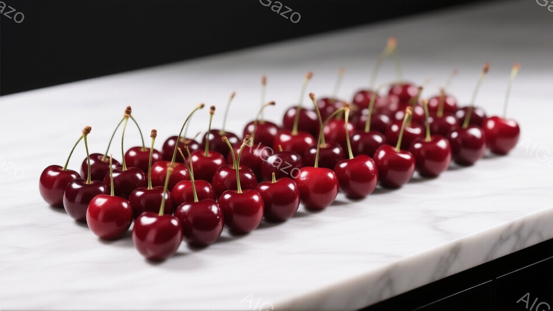 鮮やかな赤いサクランボが、白い大理石のような台の上に整然と並べられています。光沢があり、瑞々しい果実が、背景の暗い色合いと対照的で、非常に魅力的に見えます。全体的に、洗練された上品な雰囲気で、食品写真として最適です。