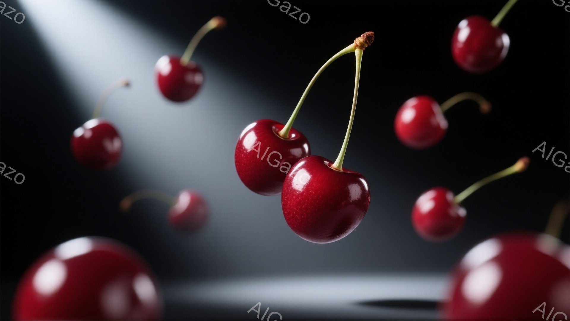 鮮やかな赤いさくらんぼが、黒い背景に浮かんでいます。光が上から差し込み、さくらんぼのつやつやとした質感を強調しています。全体的にミニマルで洗練された雰囲気で、まるで食品広告のような印象です。