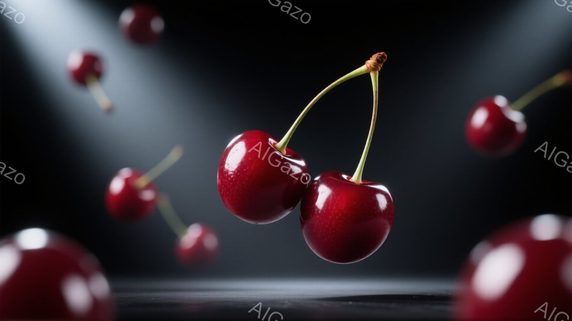 深紅色のさくらんぼが二つ、茎をつないで宙に浮かんでいる様子が捉えられています。背景は暗い木製のテーブルで、ぼやけた赤いさくらんぼが周囲に散りばめられ、ドラマチックな雰囲気を醸し出しています。光の加減によってさくらんぼの表面が光り、瑞々しさと新鮮さを強調しています。
