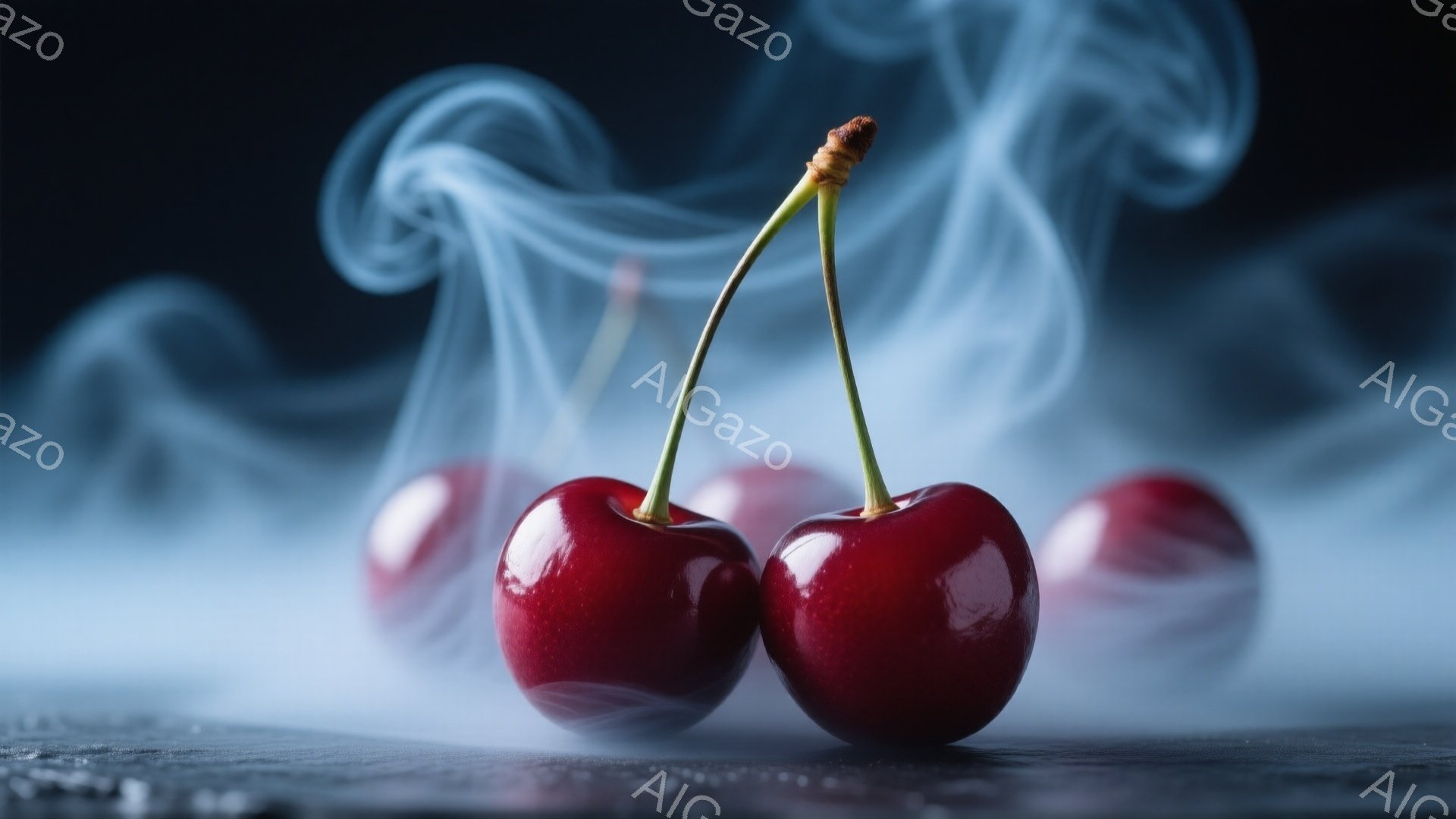 深紅色のサクランボが二つ、茎を繋げて並んでおり、光沢があり瑞々しい質感が際立っています。背景は暗く、白く渦巻く煙のようなものが漂い、神秘的で幻想的な雰囲気を醸し出しています。台面は黒く、わずかに光沢があり、サクランボの赤をさらに引き立てています。