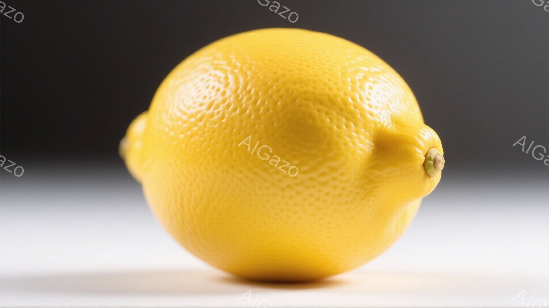 鮮やかな黄色のレモンが、白い背景に置かれています。レモンは丸みを帯びた形をしており、表面には小さな凹凸が確認できます。背景はグラデーションがかかっており、レモンが際立って見えます。