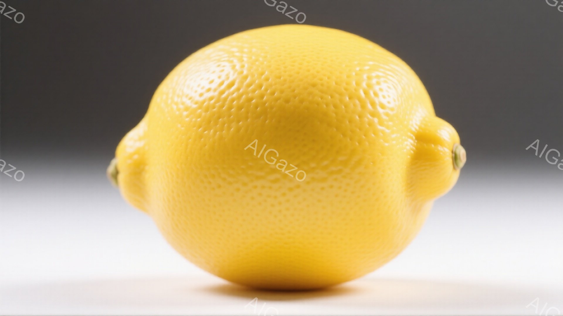 鮮やかな黄色のレモンが、白い背景に置かれています。表面は小さな突起で覆われており、光沢があります。背景はグレーがかった色で、レモンが際立っています。