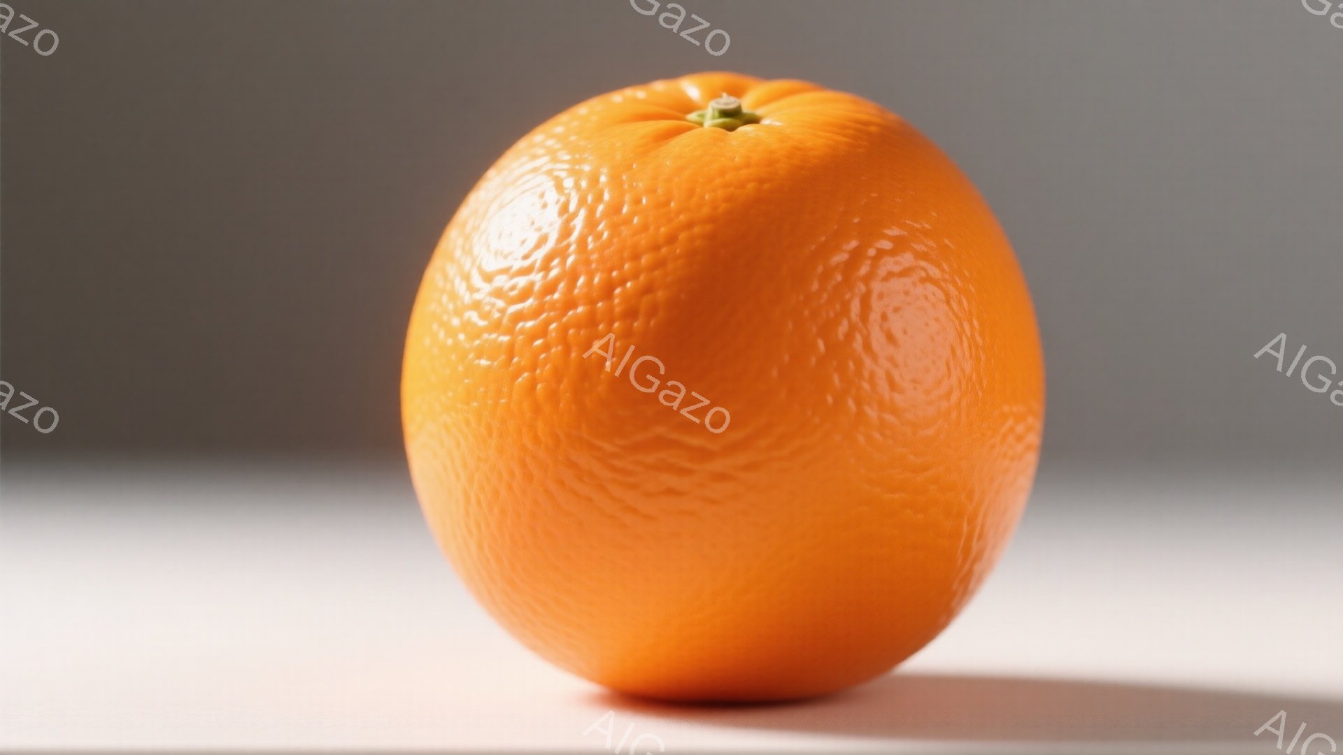 画像は鮮やかなオレンジ色のオレンジを捉えており、表面には細かな凹凸が見られます。オレンジは白い台の上に置かれており、影が薄く伸びています。 全体的にシンプルで清潔感のある雰囲気で、果物の自然な色合いが - AI生成フリー素材