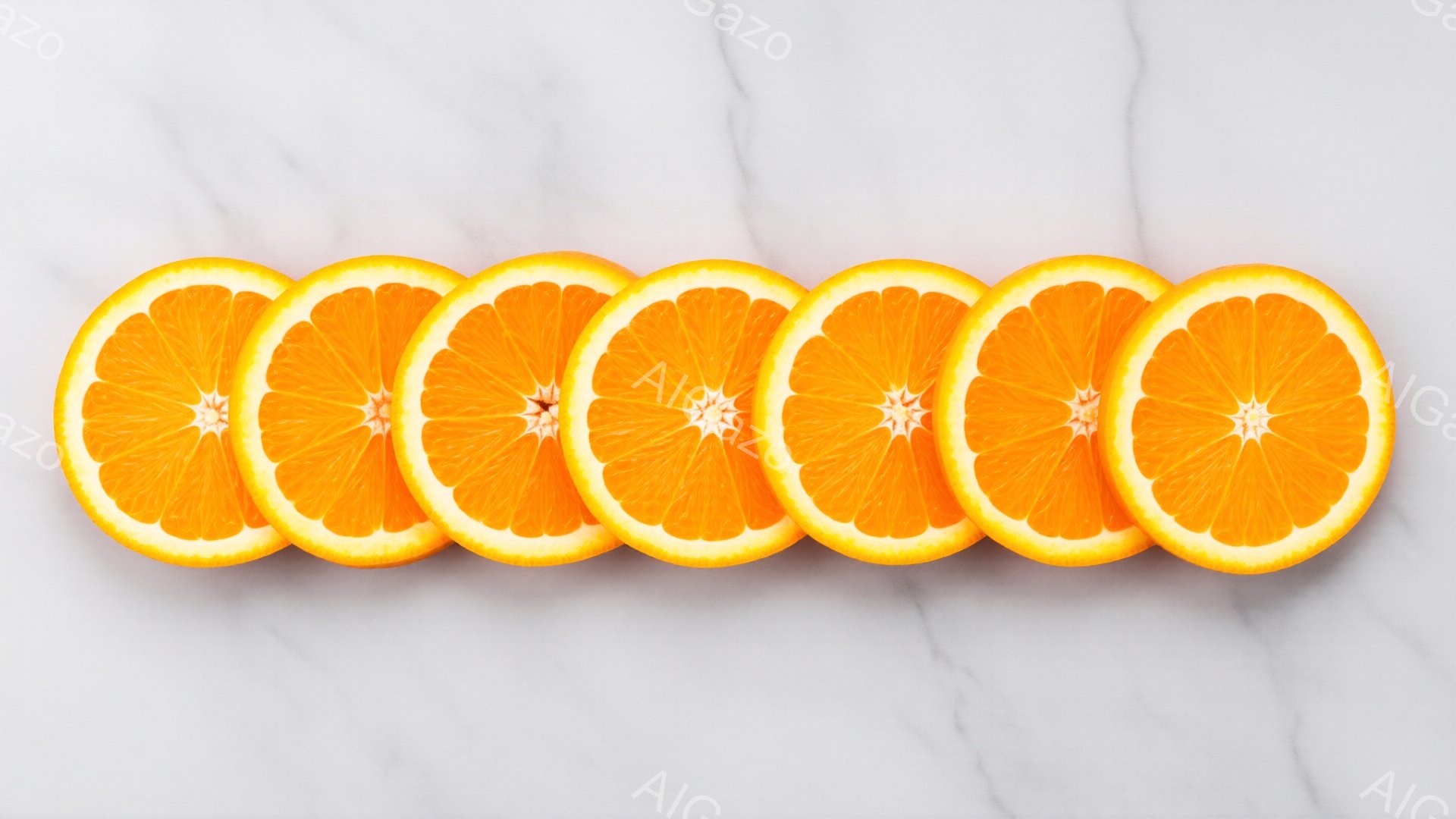 オレンジのスライスが、白い大理石のような背景に横一列に並べられています。鮮やかなオレンジ色が目を引き、果実の中心部がはっきりと見えます。背景は光沢があり、シンプルで清潔な印象を与えます。