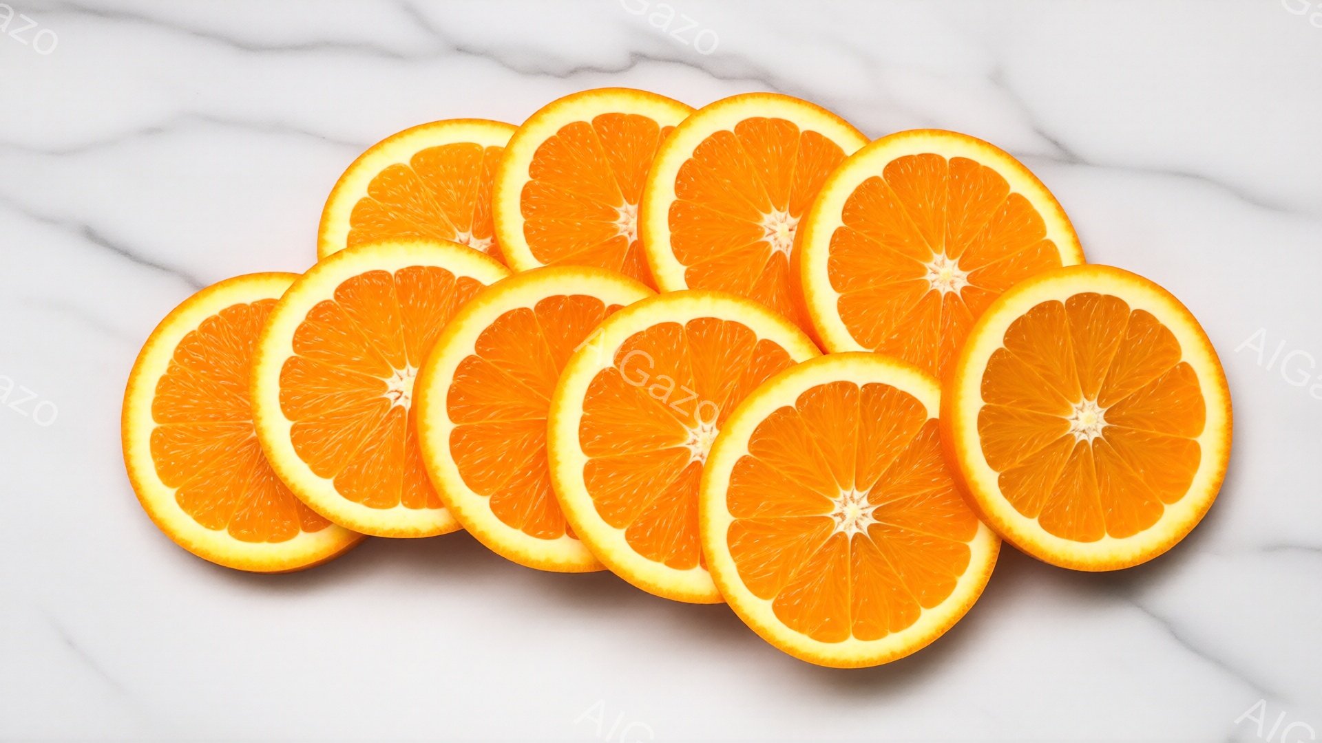 オレンジのスライスが、白い大理石のような背景の上に並べられています。果肉の鮮やかなオレンジ色が目を引き、種が見えるものもあります。全体的に明るく、健康的で新鮮な印象を与えます。