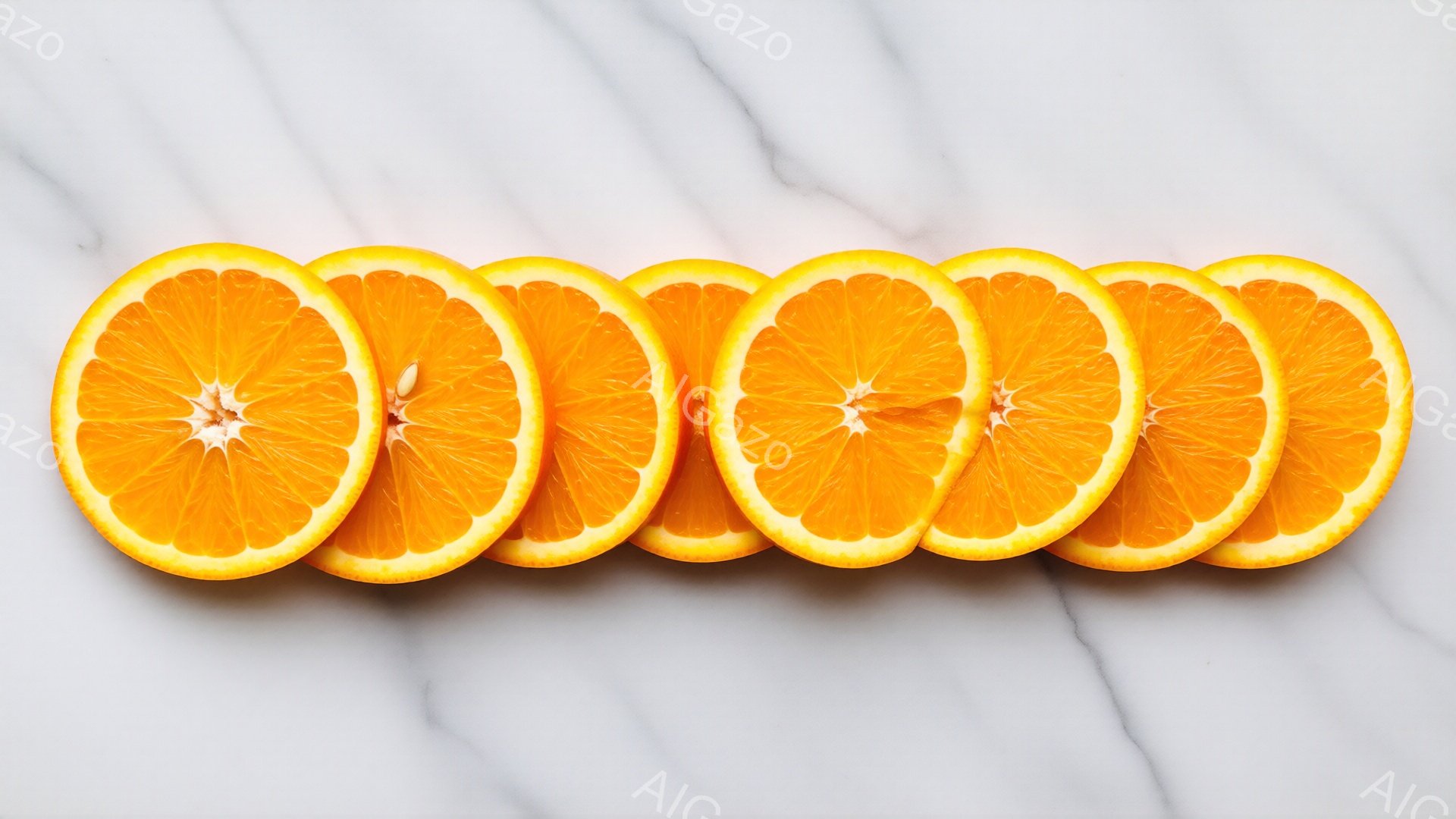 オレンジのスライスが白い大理石の背景に一列に並べられています。果肉の鮮やかなオレンジ色が目を引き、種がいくつか見えます。全体的に清潔でシンプルな印象を与え、食欲をそそるイメージです。 - AI生成フリー素材