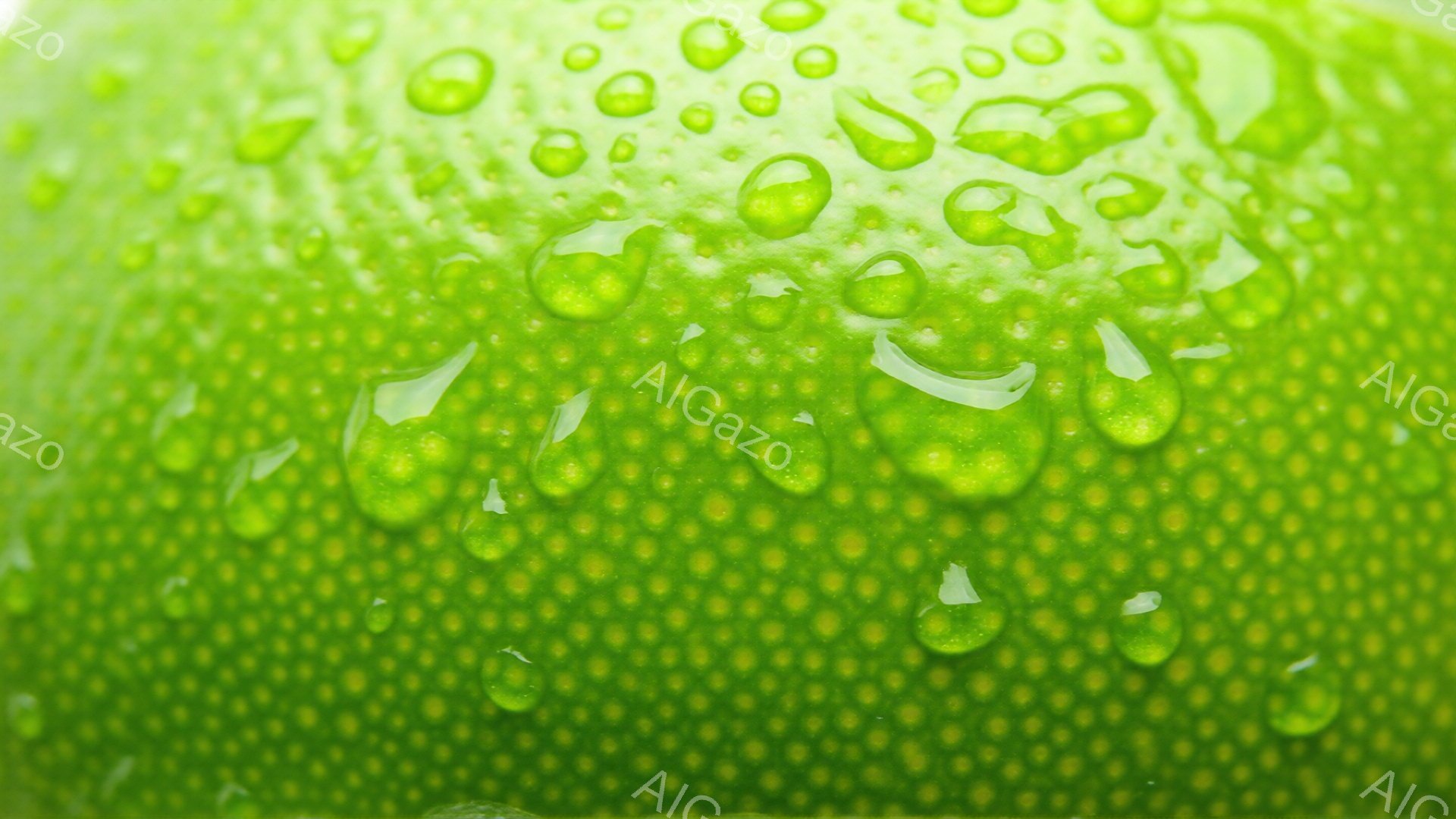 鮮やかな緑色の表面に、水滴がびっしりと付着しているクローズアップ写真です。表面は細かい突起で覆われており、水滴はそれぞれの突起に沿って丸みを帯びています。全体的に、新鮮でみずみずしい雰囲気が漂い、雨上がりのフルーツや野菜を連想させます。