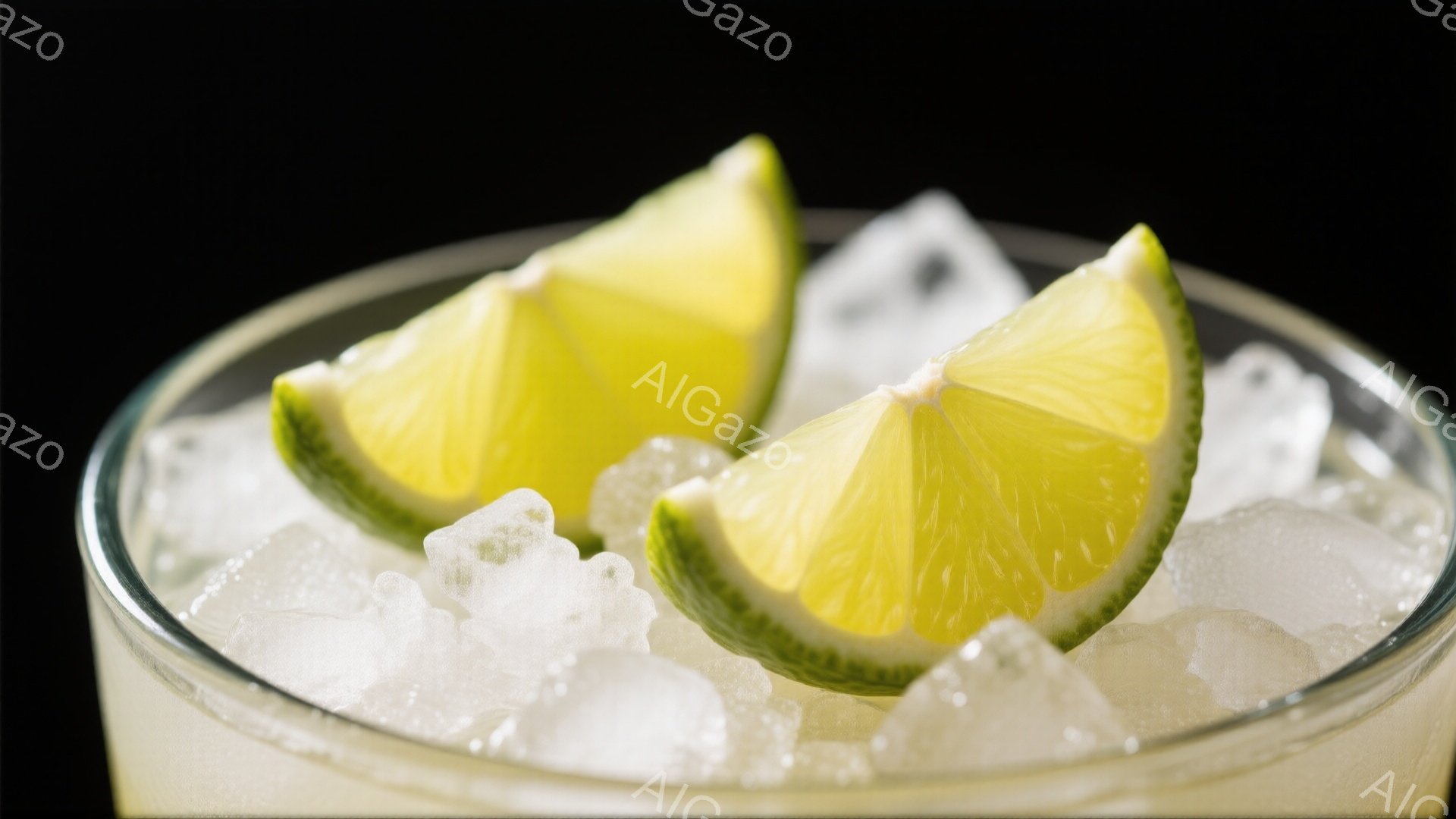 グラスの中にはたっぷりの氷と、2切れのライムが飾られています。ライムは鮮やかな緑色で、表面には細かい窪みが見られます。背景は暗く、グラスとライムが際立っており、爽やかな夏の日のドリンクを連想させる雰囲気です。