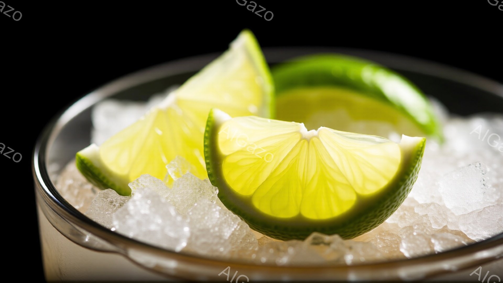 鮮やかな緑色のライムのスライスが、砕いた氷の中に置かれています。ライムの果肉はジューシーで、表面には細かい光沢が見られます。背景は暗く、ライムと氷のコントラストが際立っており、爽やかな夏の雰囲気を醸し出しています。