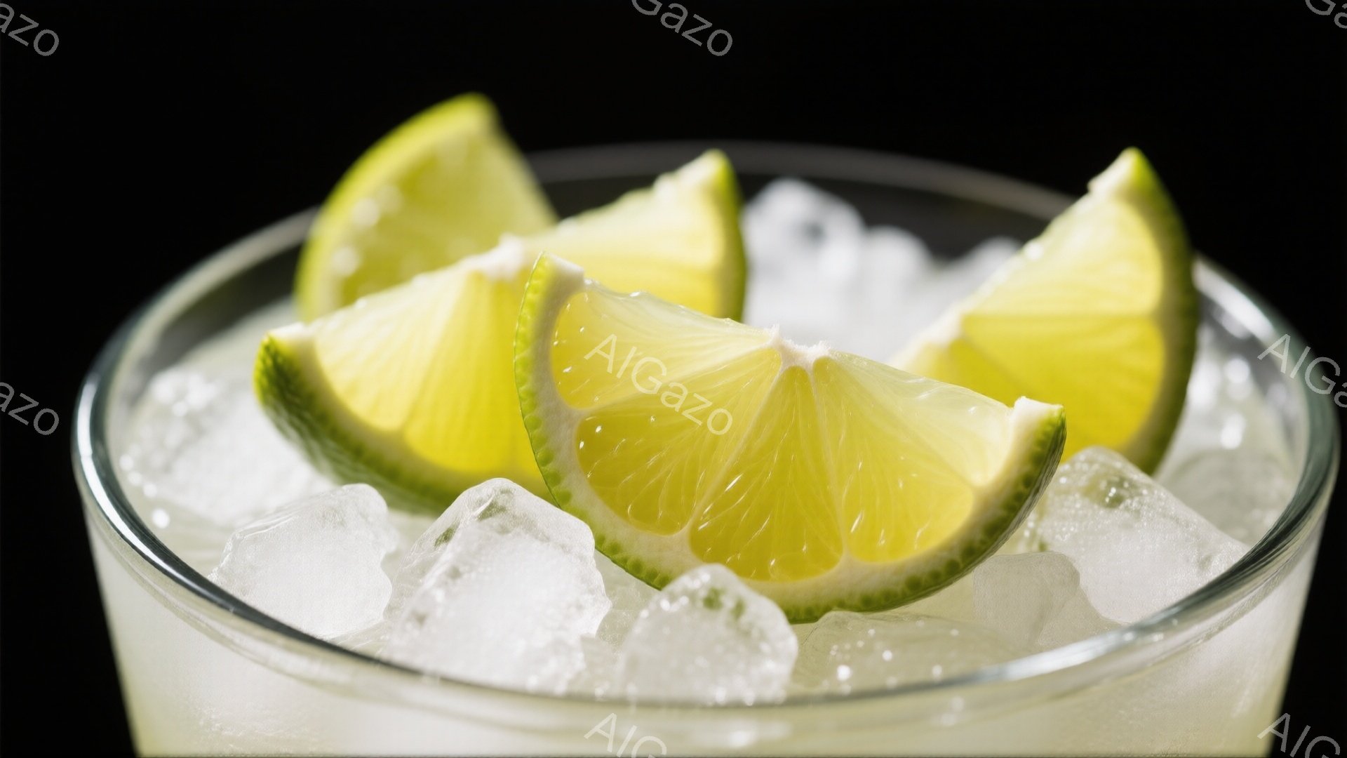 グラスの中に氷とライムのスライスがたっぷりと入っています。ライムは鮮やかな緑色で、氷の白さとコントラストが際立っています。全体的に爽やかで、夏らしい清涼感のあるイメージです。