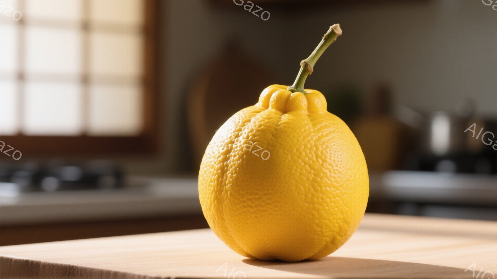 鮮やかな黄色の大きな仏手柑が木製の板の上に置かれています。背景にはぼやけたキッチンの一部が見え、窓からは柔らかい光が差し込んでいます。全体的に暖かく、静謐な雰囲気が漂っています。