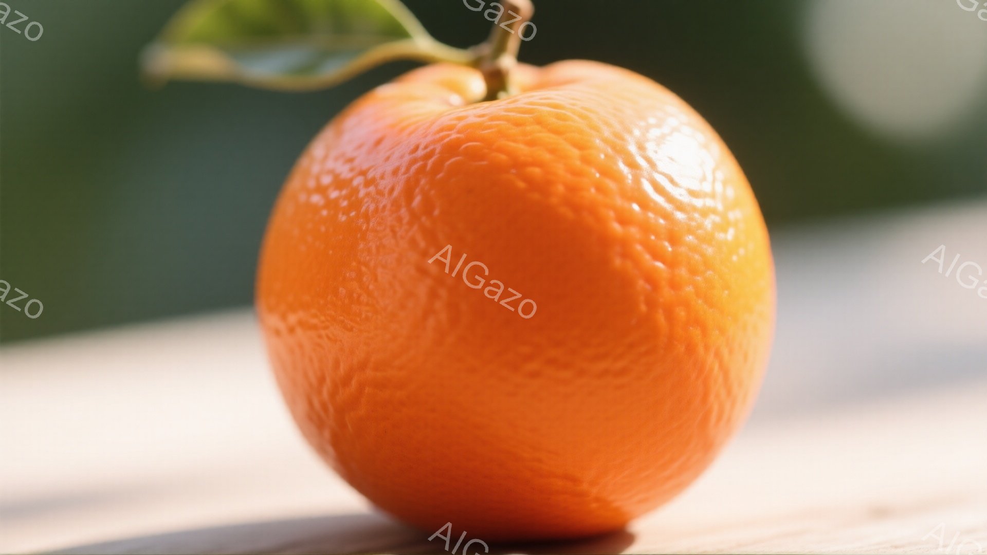 画像は、鮮やかなオレンジ色のオレンジが、木製のテーブルの上に置かれている様子を捉えています。オレンジは丸みを帯びた形をしており、表面には細かい凹凸が見られます。背景は緑色のぼやけた植物で、自然光が差し込み、全体的に明るく穏やかな雰囲気を醸し出しています。