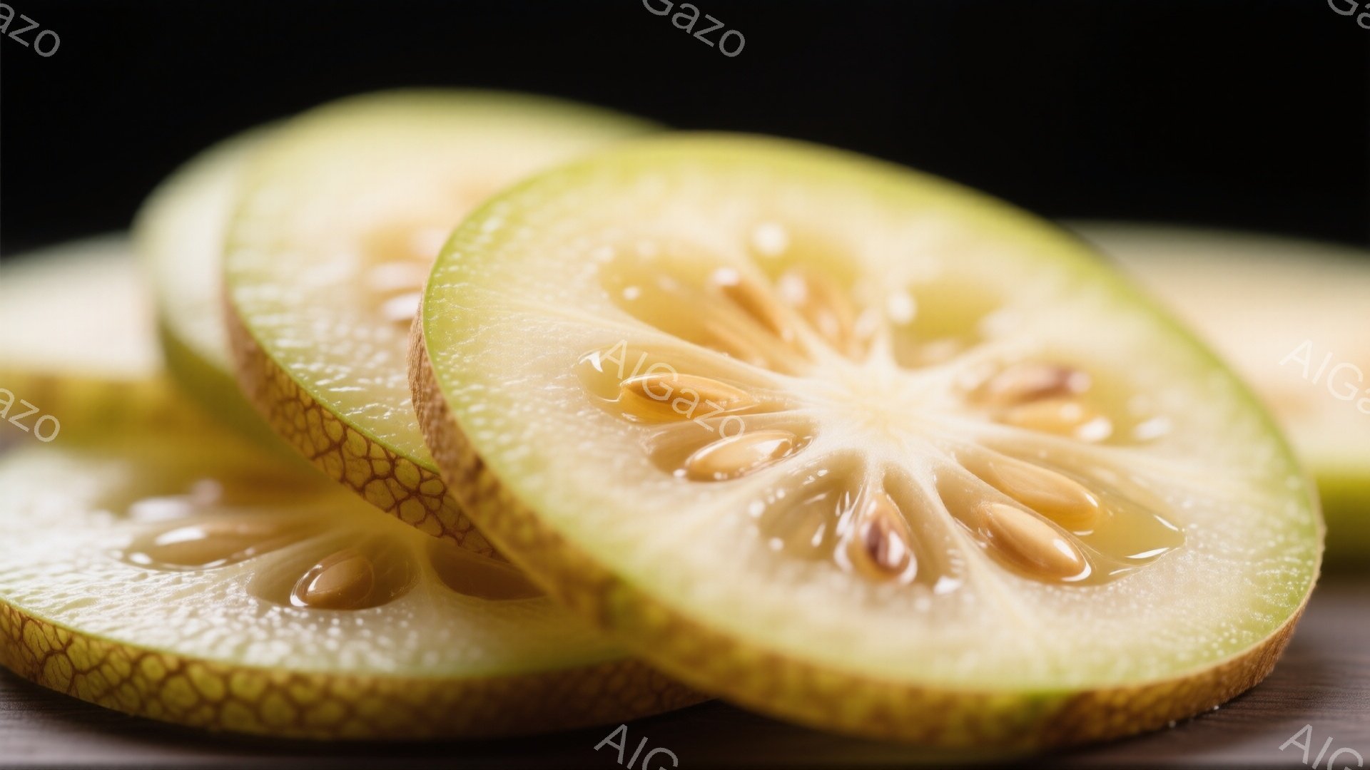 画像には、薄切りにしたビワの断面が複数、重ねて配置されています。淡い黄緑色と、中心に向かうにつれて濃くなる茶色の種が特徴的で、果肉の水分が透けて見えます。背景は暗い木目調で、ビワの鮮やかな色彩が際立っています。