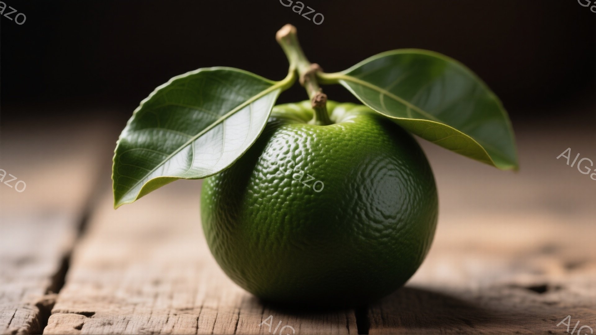 鮮やかな緑色の、葉を数枚つけた柑橘類、おそらくゆずが、古びた木製のテーブルの上に置かれています。表面はでこぼことしており、光沢があり、葉は生き生きとして健康的です。背景は暗く、木製のテーブルの質感が強調され、温かみと素朴な雰囲気を醸し出しています。