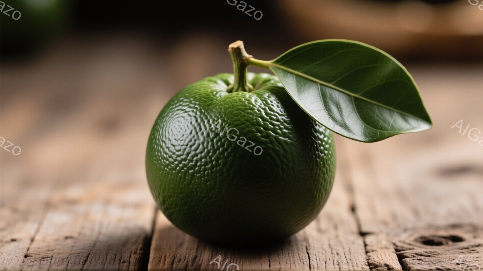 粗い木製のテーブルの上に、濃い緑色のヘーゼルナッツのような果物が置かれている。葉っぱが実の上部から伸びており、果皮には細かい凹凸がある。背景は暗くぼやけており、果物と木の質感が際立っている。