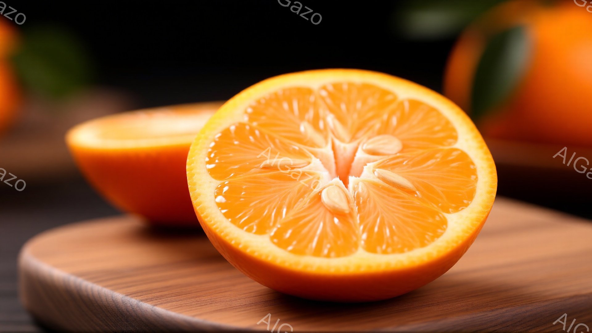 オレンジが半分にカットされ、木製のプレートの上に置かれています。果肉は鮮やかなオレンジ色で、種がいくつか見えます。背景は暗く、他のオレンジの断面がぼやけて見え、全体的に新鮮で健康的な雰囲気を醸し出しています。