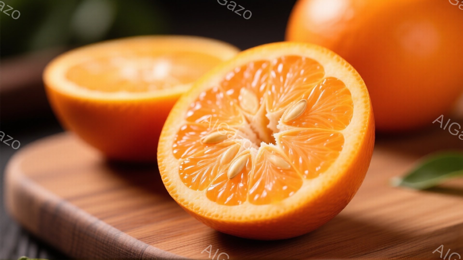 オレンジが半分にカットされたものが木製のプレートの上に置かれています。果肉は鮮やかなオレンジ色で、種がはっきりと見えます。背景は暗く、自然な雰囲気で、全体的にみずみずしく健康的な印象を与えます。