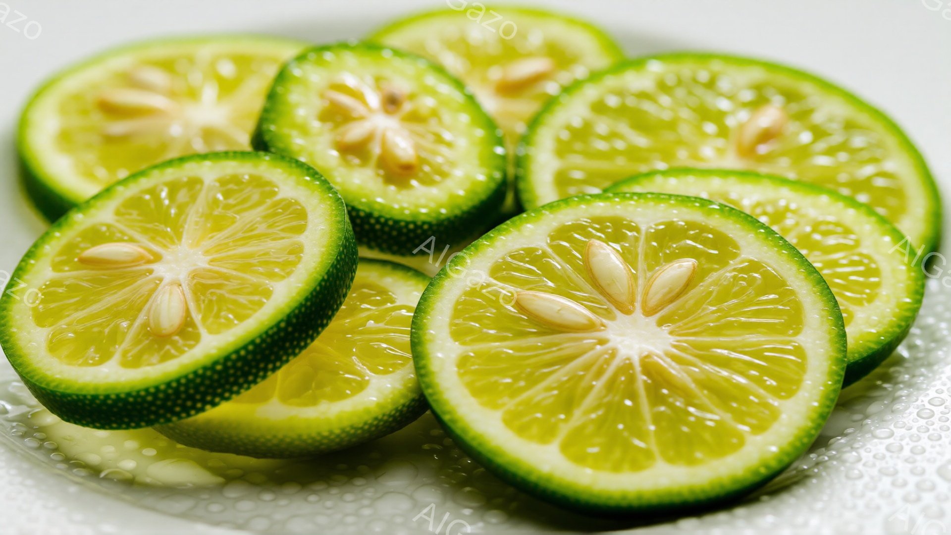 画像には、切り分けられたユズのスライスが、透明な皿の上に並べられています。ユズは鮮やかな黄緑色をしており、種が中央に集まっています。皿の表面には水滴が見られ、新鮮な印象を与えています。