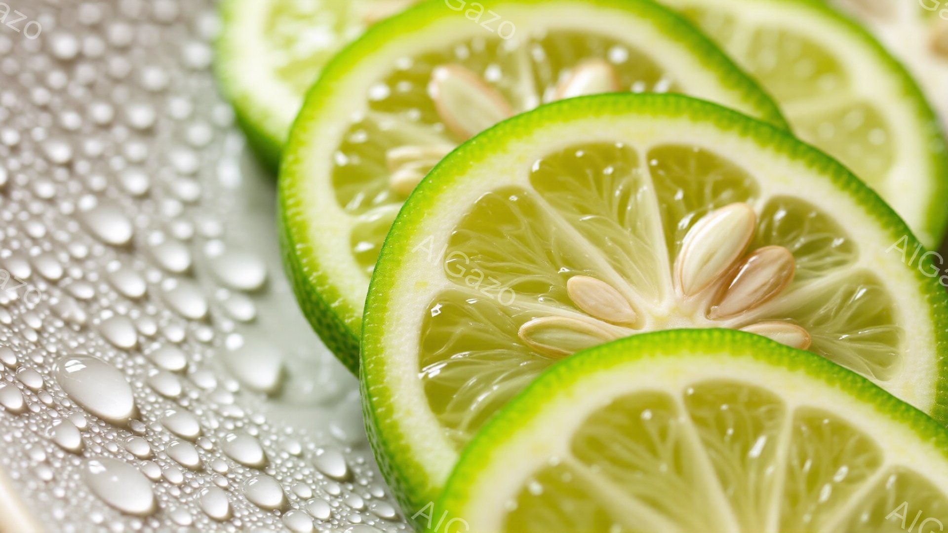 スライスされた数個のライムが画面に並べられており、中央には種が見える。ライムの表面は水滴で覆われ、背景はぼやけたグレーのテクスチャで、全体的に爽やかで清潔な印象を与える。ライムの緑色が鮮やかで、食欲をそそるような雰囲気が漂う。