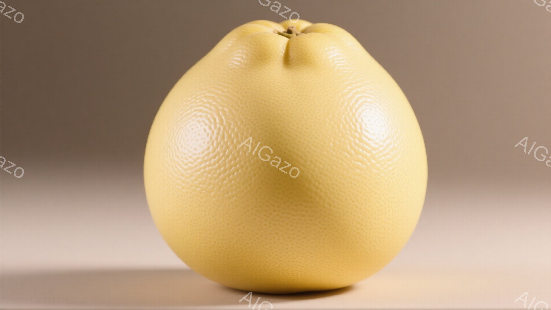 画像は、明るい黄色のグレープフルーツが、均一な淡いベージュ色の背景に置かれています。果実は丸みを帯びており、表面には細かい凹凸があり、自然な質感が強調されています。全体的に、シンプルで清潔感のある、食欲をそそる印象を与えます。