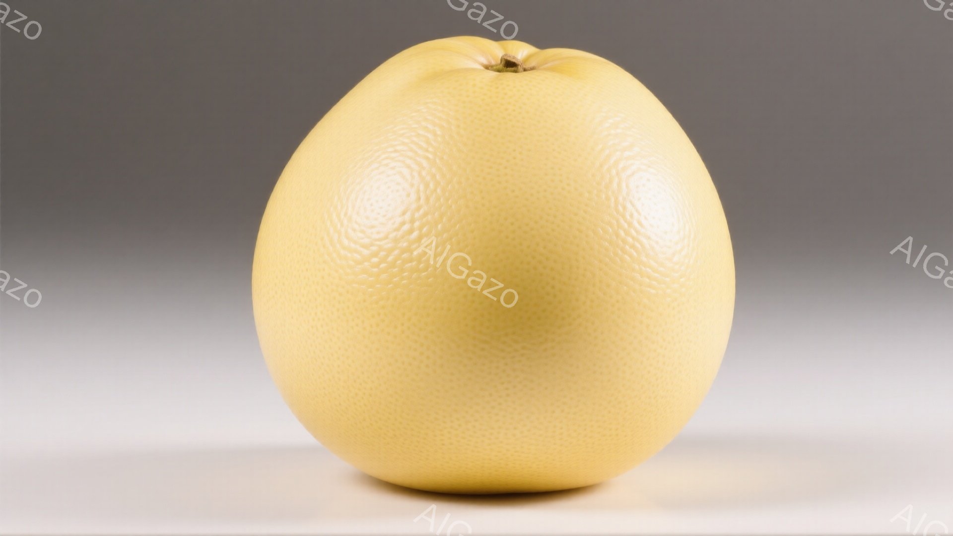 鮮やかな黄色の、丸みを帯びた大きな柑橘類が画面の中心に配置されています。表面は細かい凹凸があり、光沢を帯びています。背景はグレーで、被写体を際立たせています。 - AI生成フリー素材