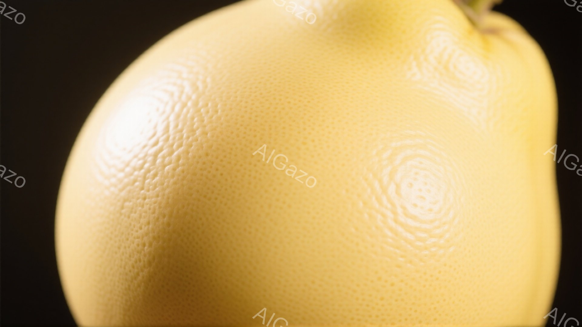 画像は、鮮やかな黄色の果物、おそらくレモンまたは柑橘類の一部をクローズアップしたものです。表面は細かい凹凸があり、中心から放射状に微細な線が広がっています。暗い背景とのコントラストが、果物の質感を際立たせています。