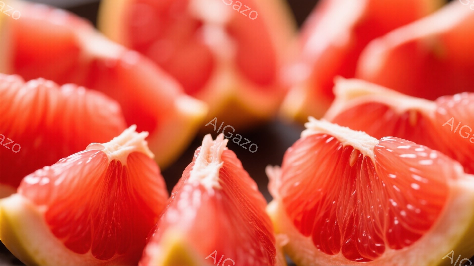 画像には、切り分けたグレープフルーツの果肉が複数、黒い背景に並べられています。鮮やかな赤色の果肉は、水分をたっぷり含んでおり、みずみずしい印象を与えます。全体的に、シンプルでモダンな雰囲気であり、グレ - AI生成フリー素材