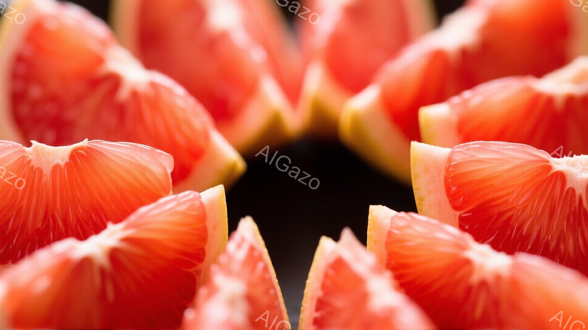 画像は、鮮やかなピンク色のグレープフルーツのスライスが円形に並べられたクローズアップ写真です。背景は黒く、スライスの果肉のコントラストが際立っています。全体的に、フレッシュで食欲をそそる雰囲気です。