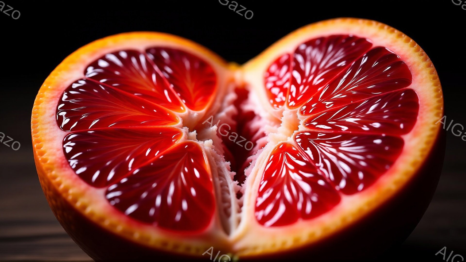 鮮やかな赤い果肉を持つオレンジが半分にカットされ、その断面が詳細に捉えられています。果汁を思わせる瑞々しい輝きが印象的で、木製のテーブルの上でコントラストが際立っています。全体的にドラマチックで食欲をそそる雰囲気です。