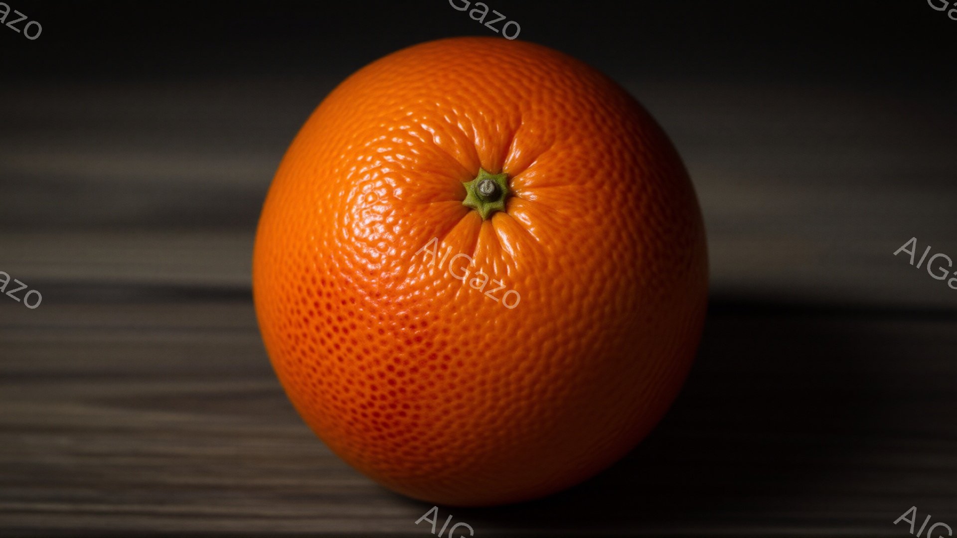 鮮やかなオレンジ色のオレンジが、木製の背景に置かれています。表面には細かい凹凸があり、光を受けてわずかに影が落ちています。全体的に暖かく、落ち着いた雰囲気が漂っています。 - AI生成フリー素材