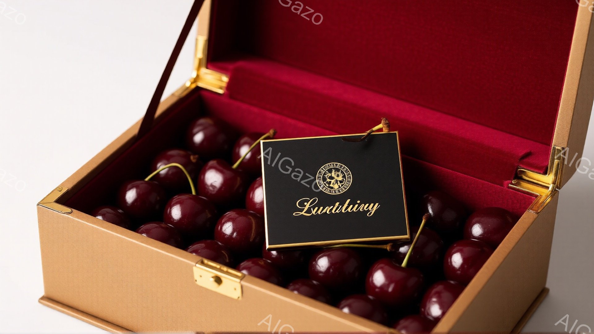 深い赤色のチェリーが、内側が赤い高級感のあるベージュ色の箱にぎっしりと詰め込まれています。黒いタグが一つ添えられており、金色の文字で「Luntivity」と書かれています。全体的に、贅沢で特別な贈り物や、高品質な食材を強調する雰囲気です。