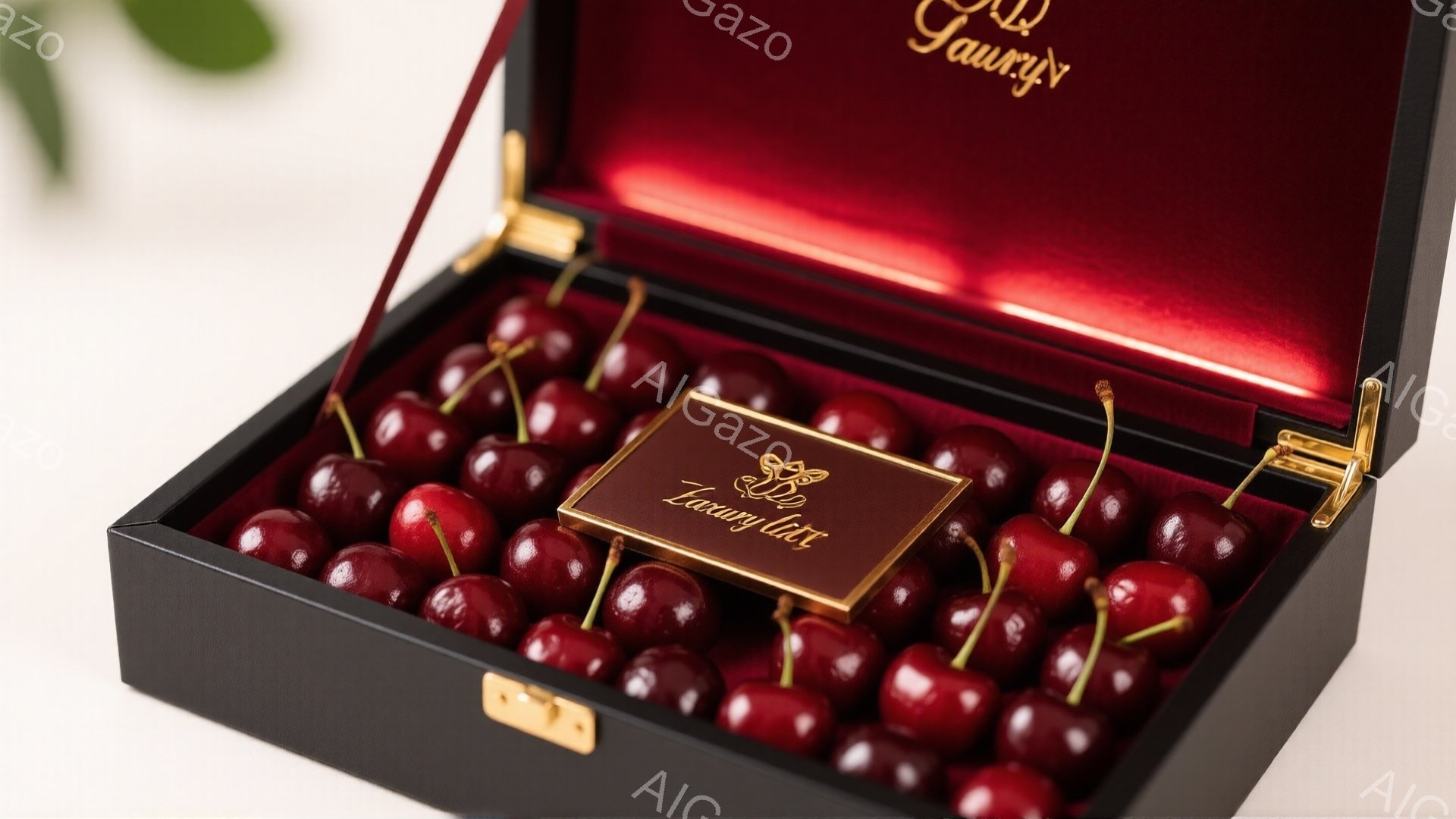深紅色のベルベット張りの箱の中に、艶やかな赤いサクランボがぎっしりと詰まっています。箱の上部には金色の留め具があり、中央には「laury」というロゴが刻印されたプレートが付いています。背景はぼかされており、サクランボの鮮やかさと箱の高級感が際立っています。