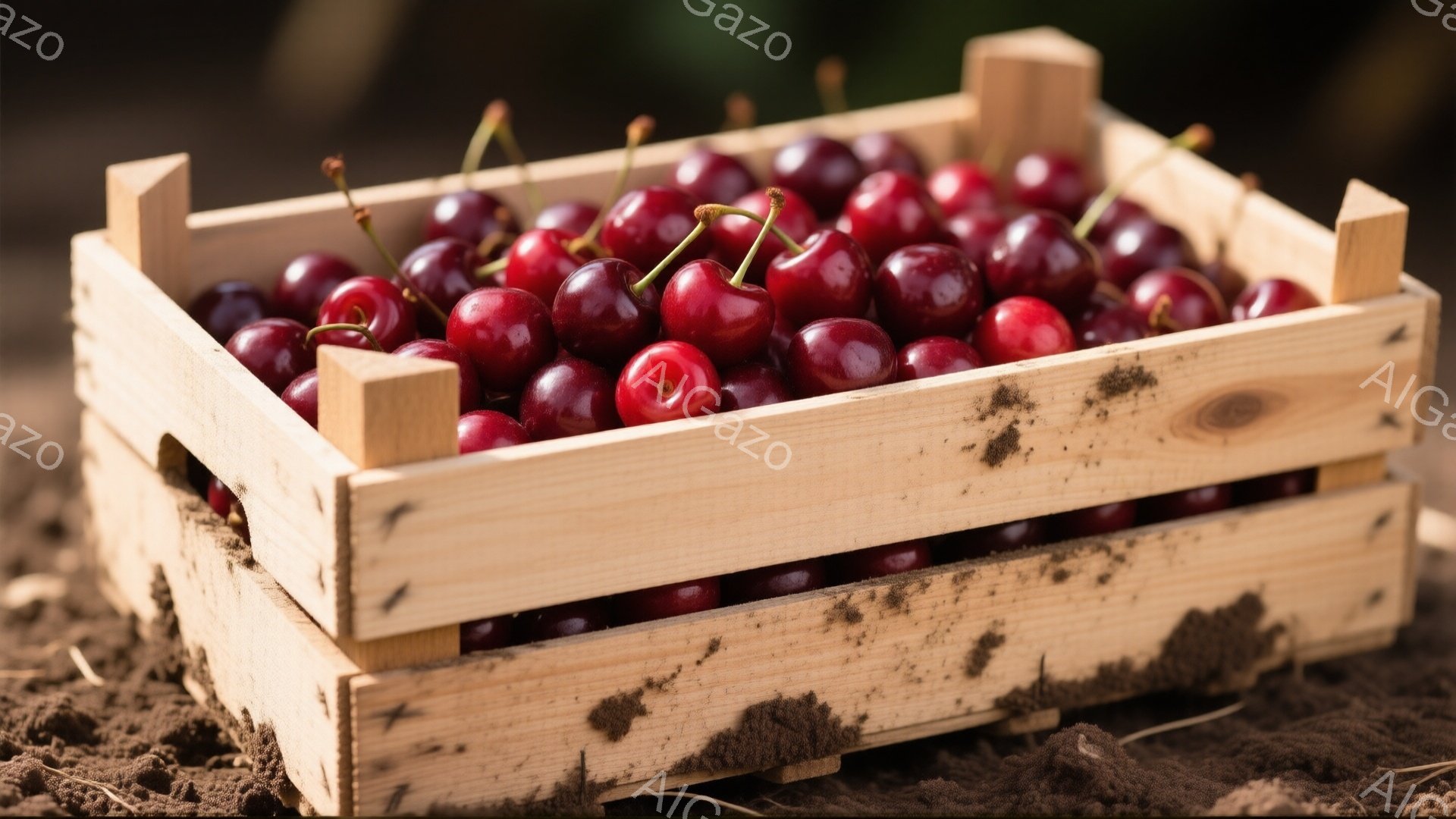 鮮やかな赤いサクランボが、木製の箱の中にぎっしりと詰まっています。箱は少し古びた風合いで、土の上に置かれています。背景はぼやけていますが、土の色から庭や畑のような自然の環境であることがわかります。