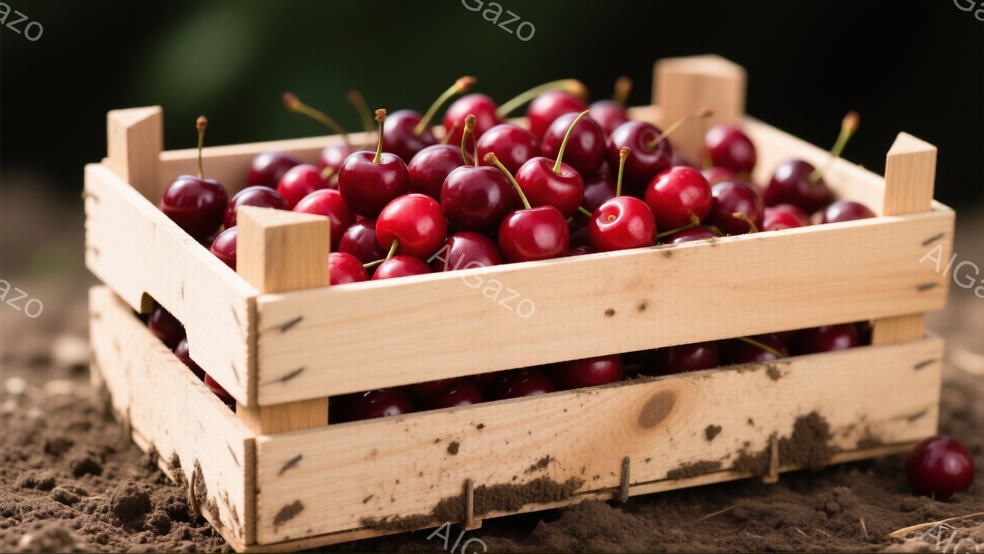 鮮やかな赤いサクランボが、素朴な木の箱にたっぷりと詰まっています。箱は土の上に置かれており、背景はぼやけていますが、土と緑が見えます。全体的に、収穫されたばかりの新鮮な果実の自然な雰囲気が伝わってきます。