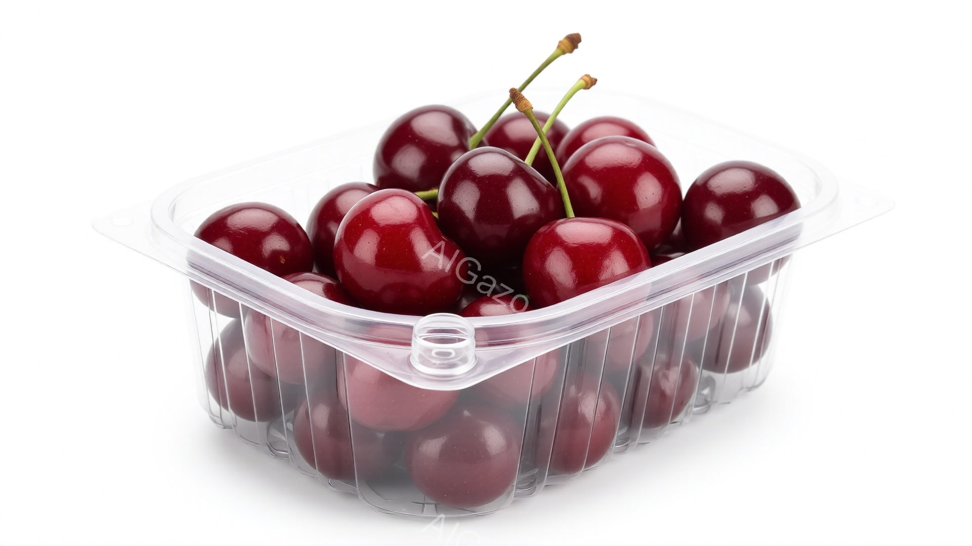透明なプラスチックの容器に、深紅色のさくらんぎがぎっしりと詰まっています。光沢があり、新鮮な果実が、容器の形に合わせて丸みを帯びて並んでいます。背景は白く、さくらんぎの鮮やかな色が際立っています。