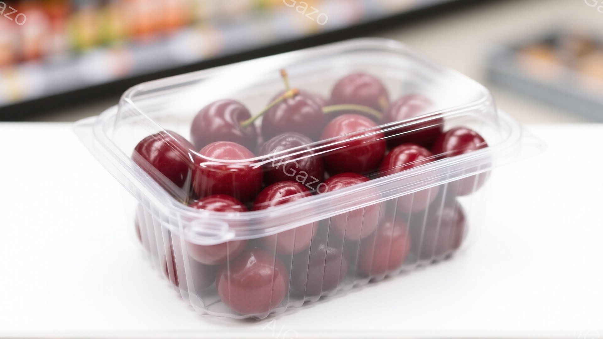 透明なプラスチックの容器に、鮮やかな赤いサクランボがぎっしりと詰まっています。容器は規則的な溝があり、サクランボを整理して保護しています。背景はぼやけていますが、おそらくスーパーマーケットの棚の一部で、他の商品がわずかに見えます。