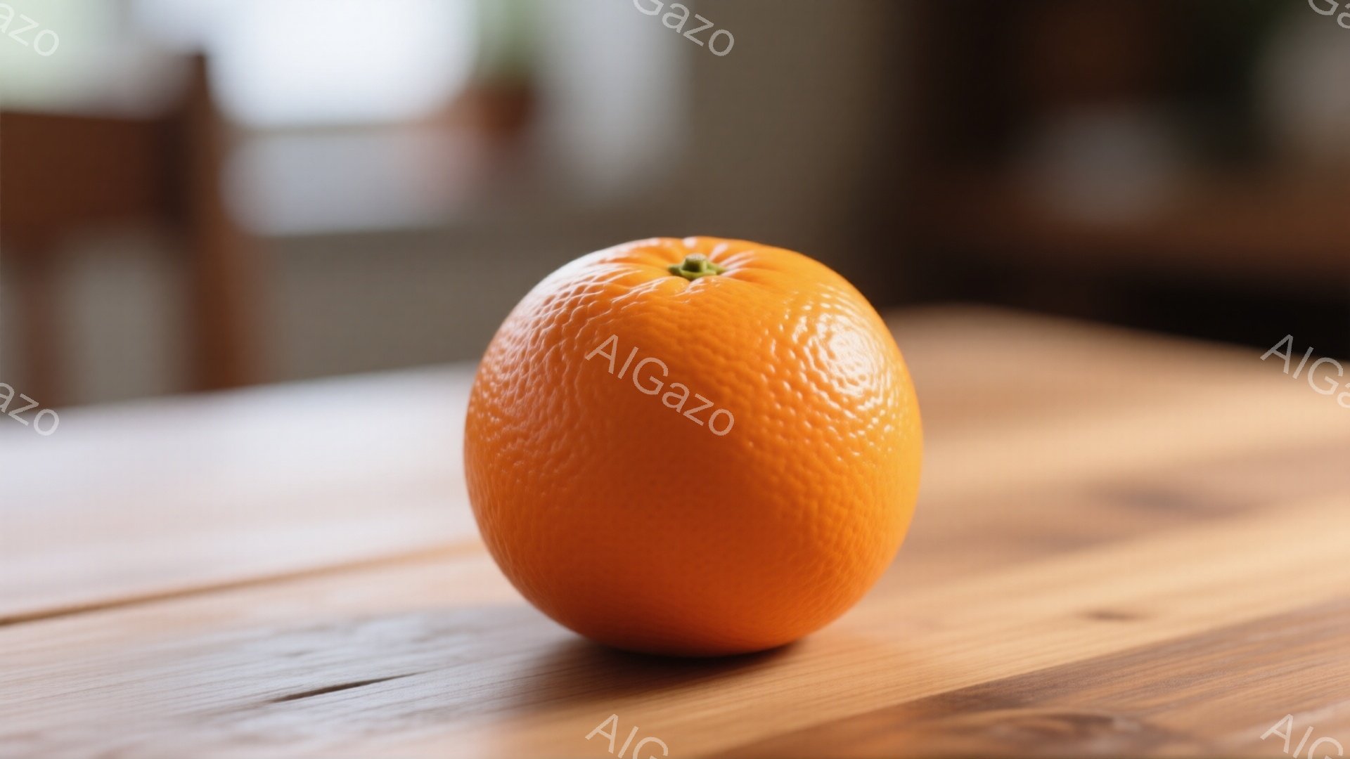 鮮やかなオレンジ色のオレンジが、木製のテーブルの上に置かれている。表面は凹凸があり、わずかに茎が残っているのが見える。背景はぼやけており、室内であることがわかるが、具体的な状況は不明である。
