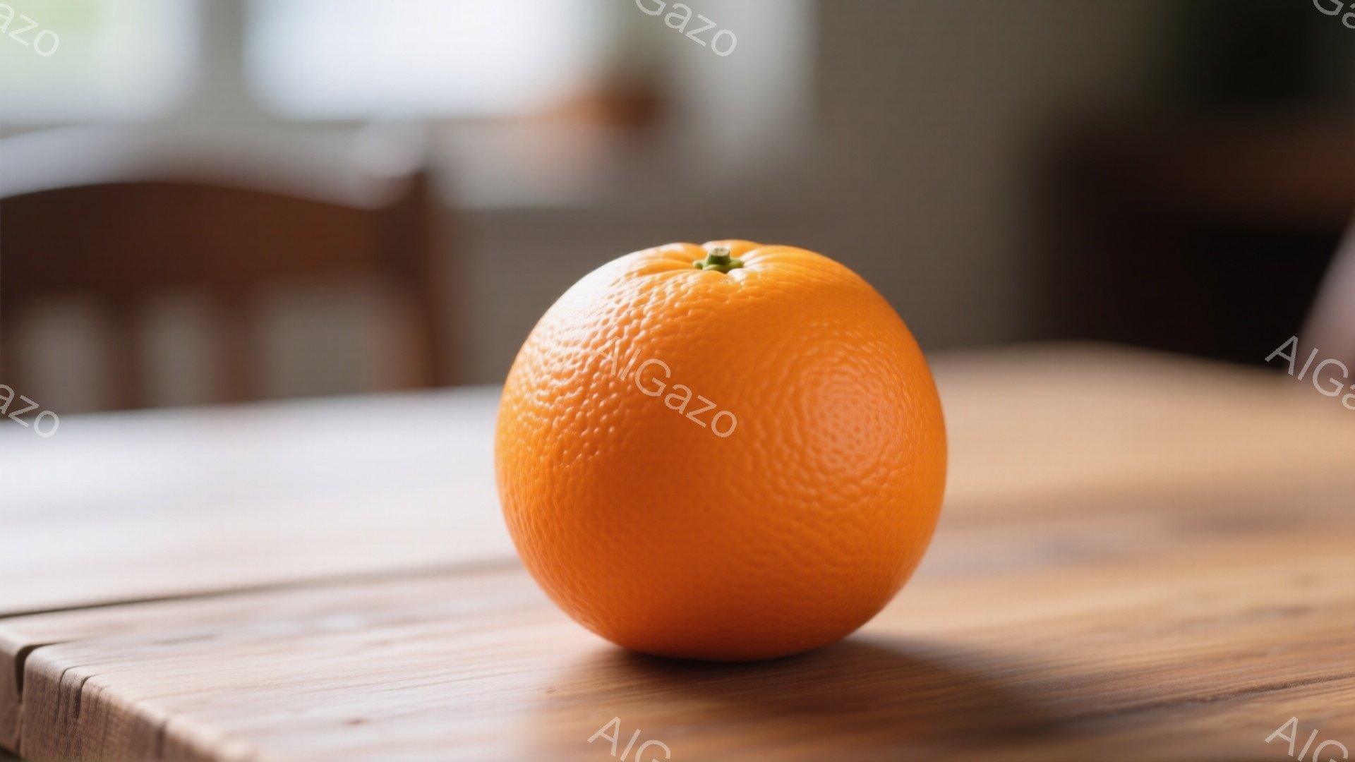 鮮やかなオレンジ色のオレンジが、木製のテーブルの上に置かれている。オレンジの表面はわずかにテクスチャがあり、光を受けて明るく輝いている。背景はぼやけており、暖色系の色合いが感じられ、全体的に穏やかな雰囲気を醸し出している。