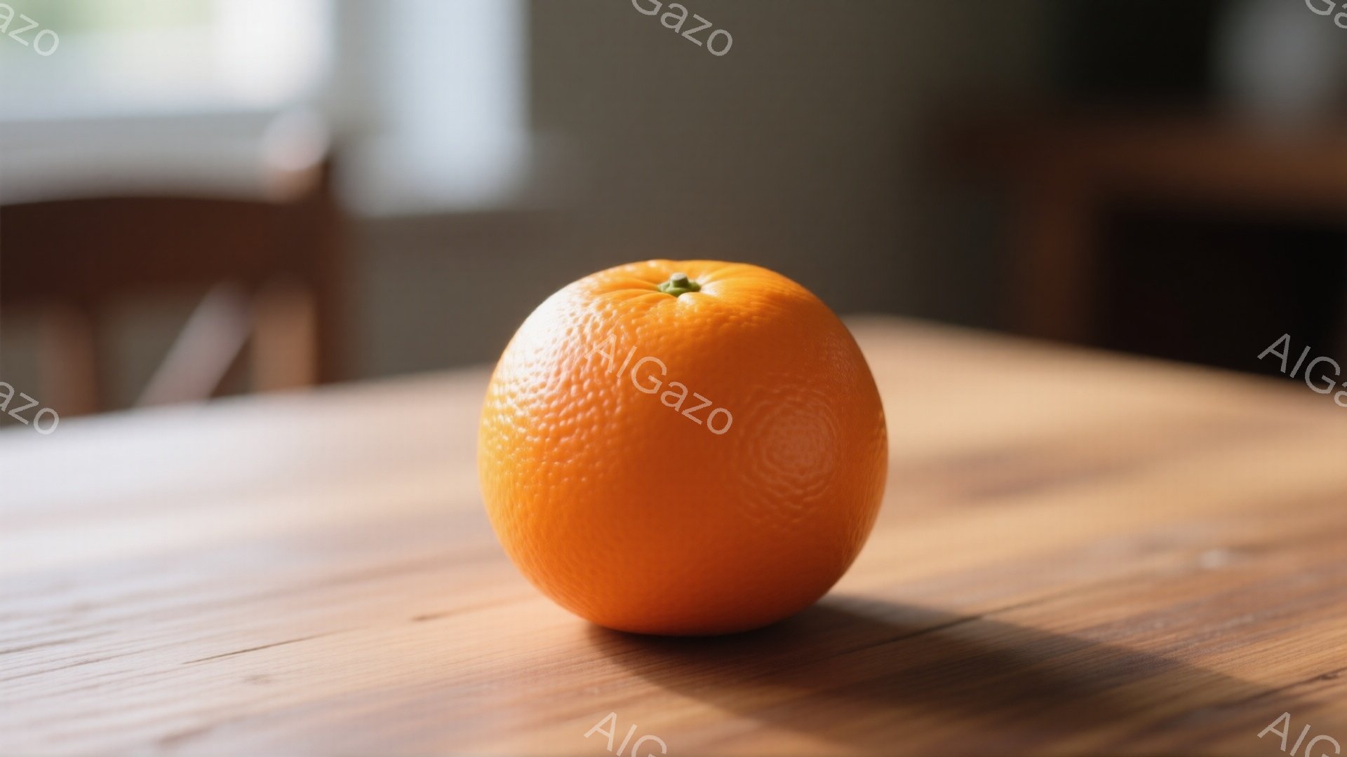 鮮やかなオレンジ色のオレンジが、木製のテーブルの上に置かれている。光がオレンジに当たり、表面の凹凸が際立って見える。背景はぼやけており、室内であることがわかるが、具体的な状況は不明瞭である。