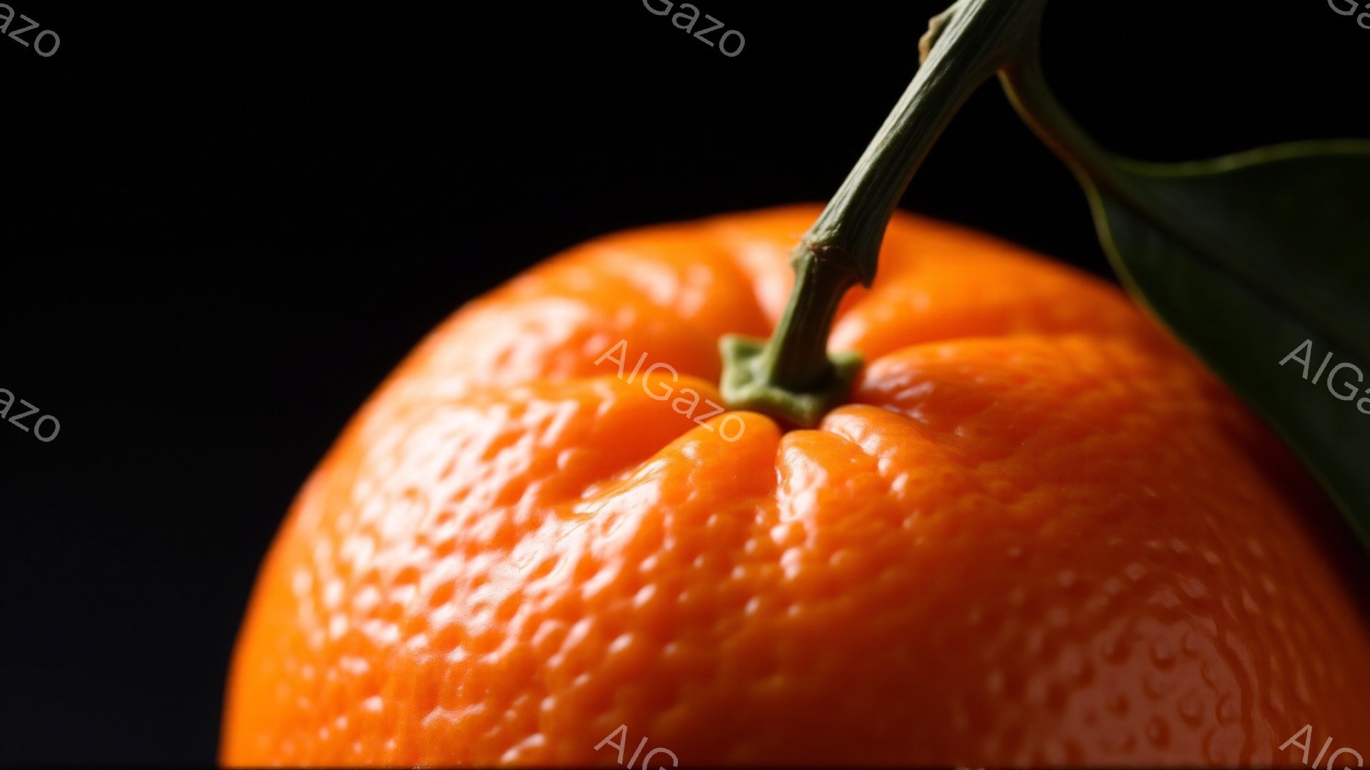鮮やかなオレンジ色の柑橘類が画面を占めており、果皮の凹凸が詳細に捉えられている。茎と葉がわずかに見え、果実の自然な成長を示唆している。黒い背景は果実の色を際立たせ、まるでスポットライトが当たっているよ - AI生成フリー素材