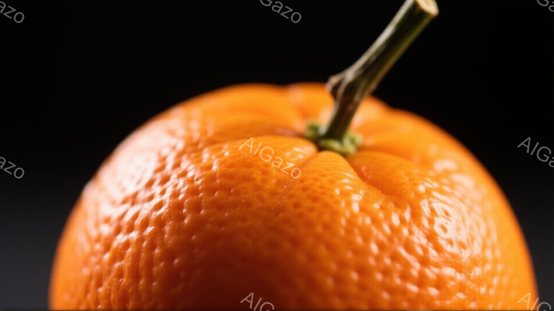 鮮やかなオレンジ色の柑橘類が画面いっぱいに大きく写っている。表面は細かい凹凸があり、みずみずしさを感じさせる。背景は真っ黒で、果物そのものが際立っており、シンプルながらも力強い印象を与える。