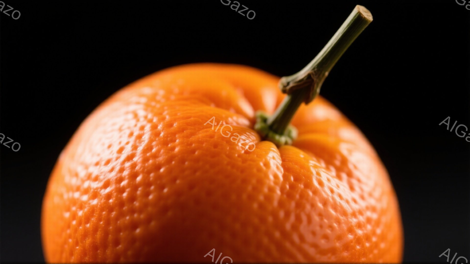 みずみずしいオレンジが、暗い背景に浮かび上がっている。果実の表面は小さな斑点で覆われ、質感豊かなオレンジ色が印象的だ。茎の部分がわずかに見え、新鮮さを感じさせるクローズアップ写真である。