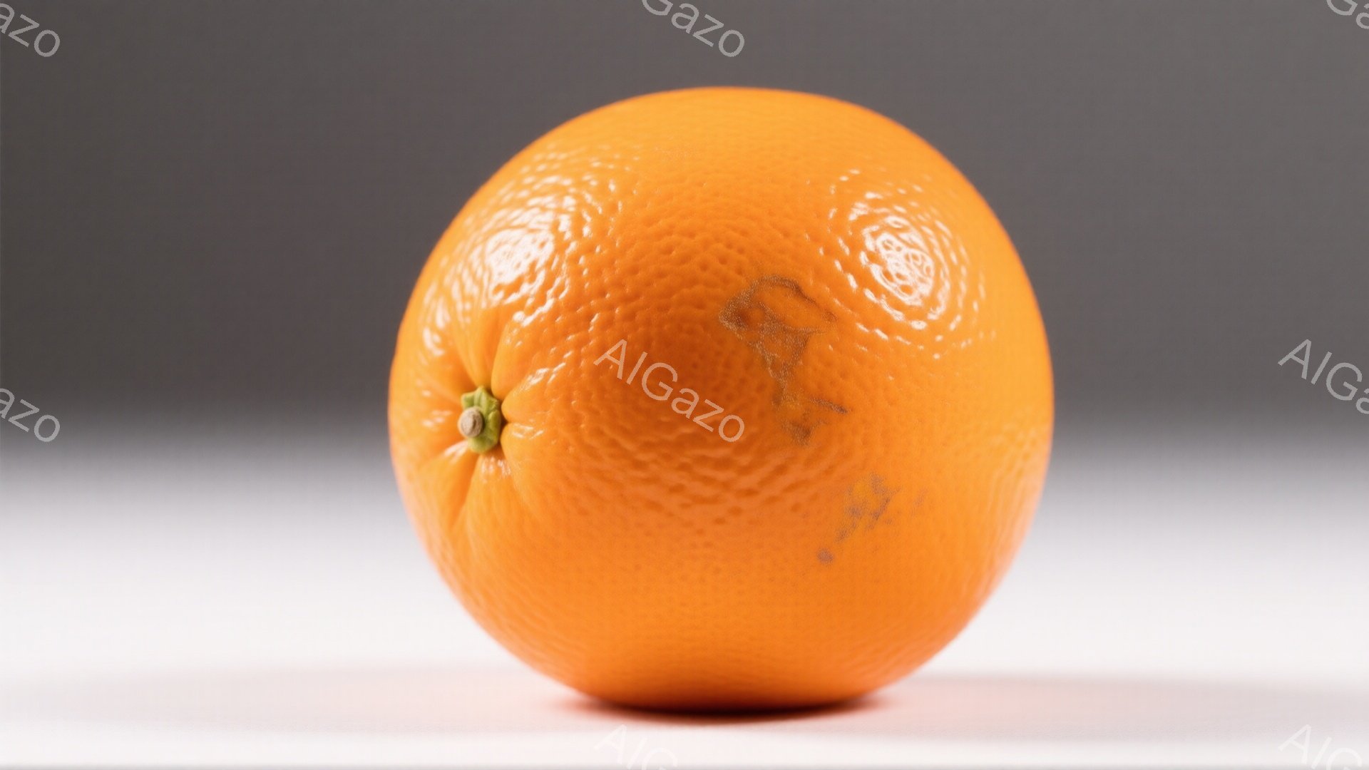 鮮やかなオレンジ色のオレンジが、白っぽいグレーの背景に単独で写っている。表面は滑らかで、いくつかの小さな凹凸があり、光沢がある。オレンジは丸みを帯びた形で、わずかに影が落ち、全体的にシンプルで清潔な印 - AI生成フリー素材